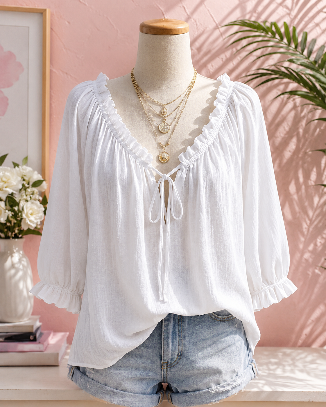 Coastal Muse Ruffle Tie-Up Blouse
